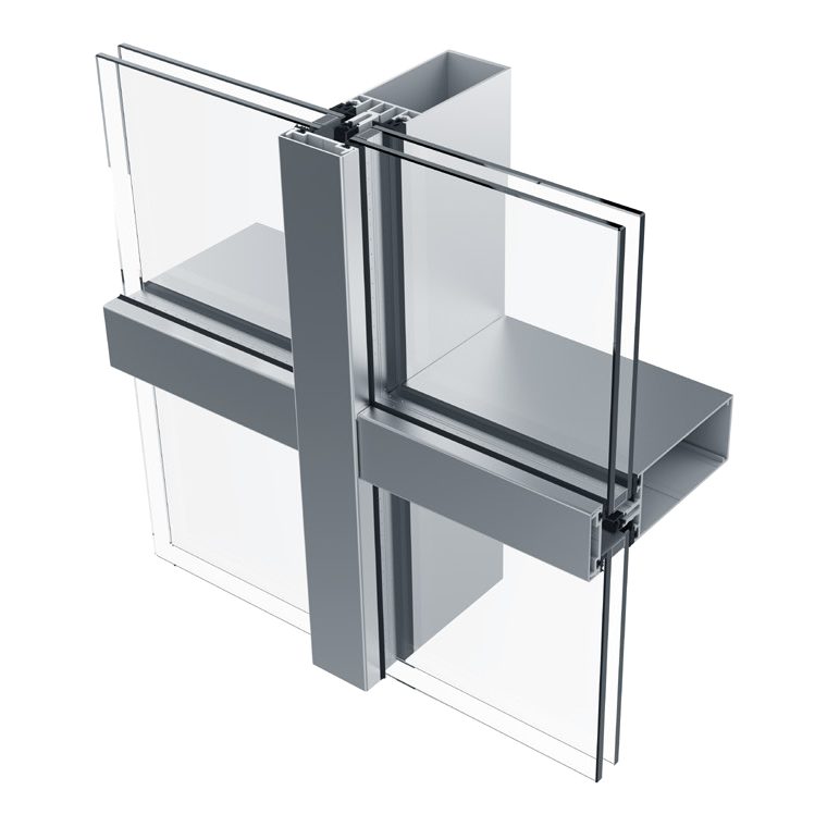 3D cut-away of an Aluk SL50 curtain wall joint: a 50 mm mullion and transom with cover caps, holding double glazing