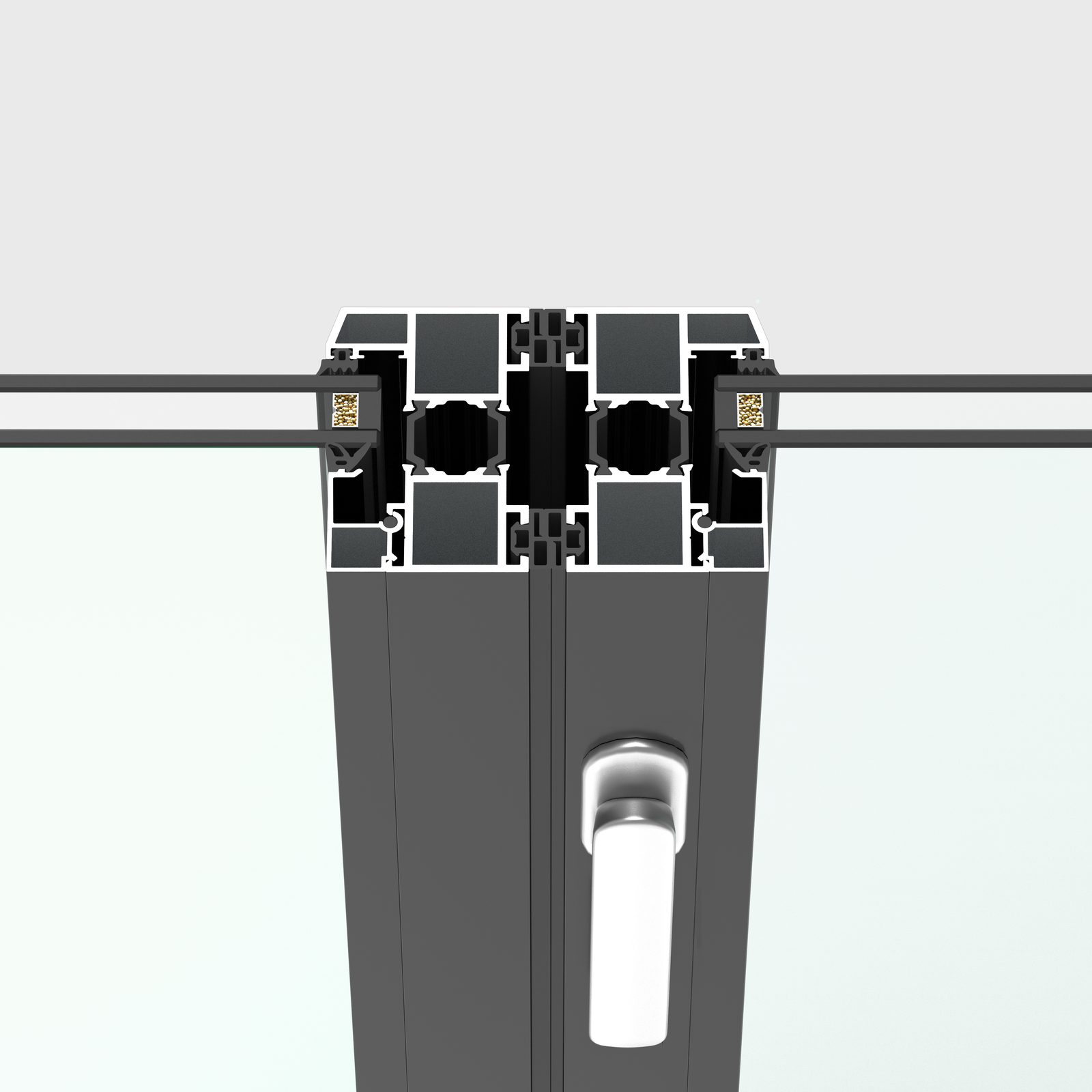 Cut-away render of a VBM FD-95 bi-folding door where two panels meet: the aluminium sections, double gaskets and a lever handle