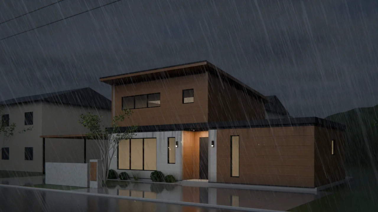 A two-storey house clad in white and wood-grain Nichiha in a rainstorm at dusk: the opening shot of the LGS wall film