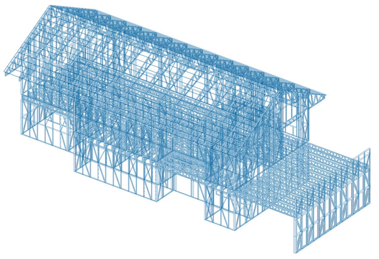 The 3D model of a whole ProFrame house frame in ScotSteel, seen from above: every wall panel, floor truss and roof truss
