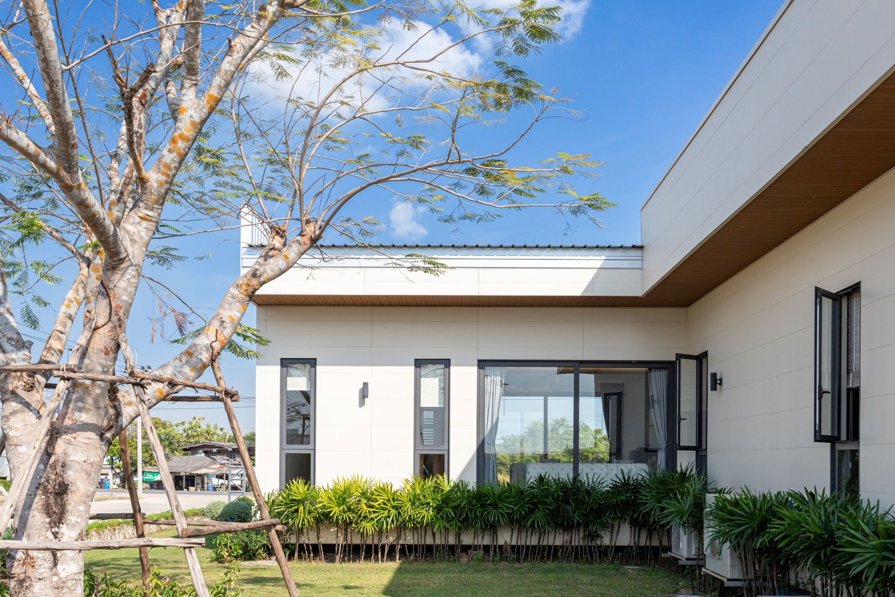 The wing of a single-storey sales pavilion: off-white walls, black window frames and a wood-look soffit, behind a large tree under a blue sky