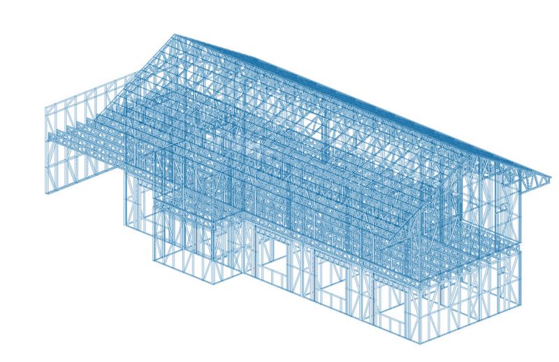 The 3D model of a whole ProFrame steel frame, walls, floor trusses and roof trusses, in ScotSteel