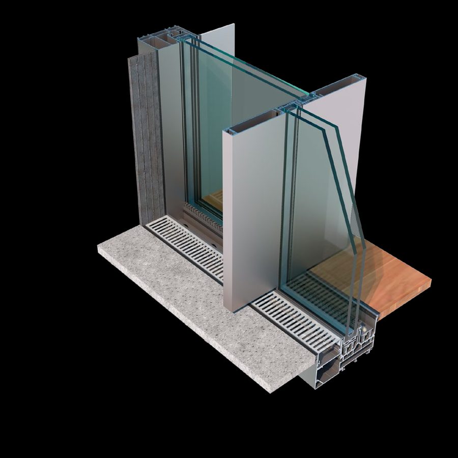 3D cut-away of a Technal LUMEAL Minimalist sliding door: slim sashes, double glazing and a threshold set flush into the floor with drainage grilles