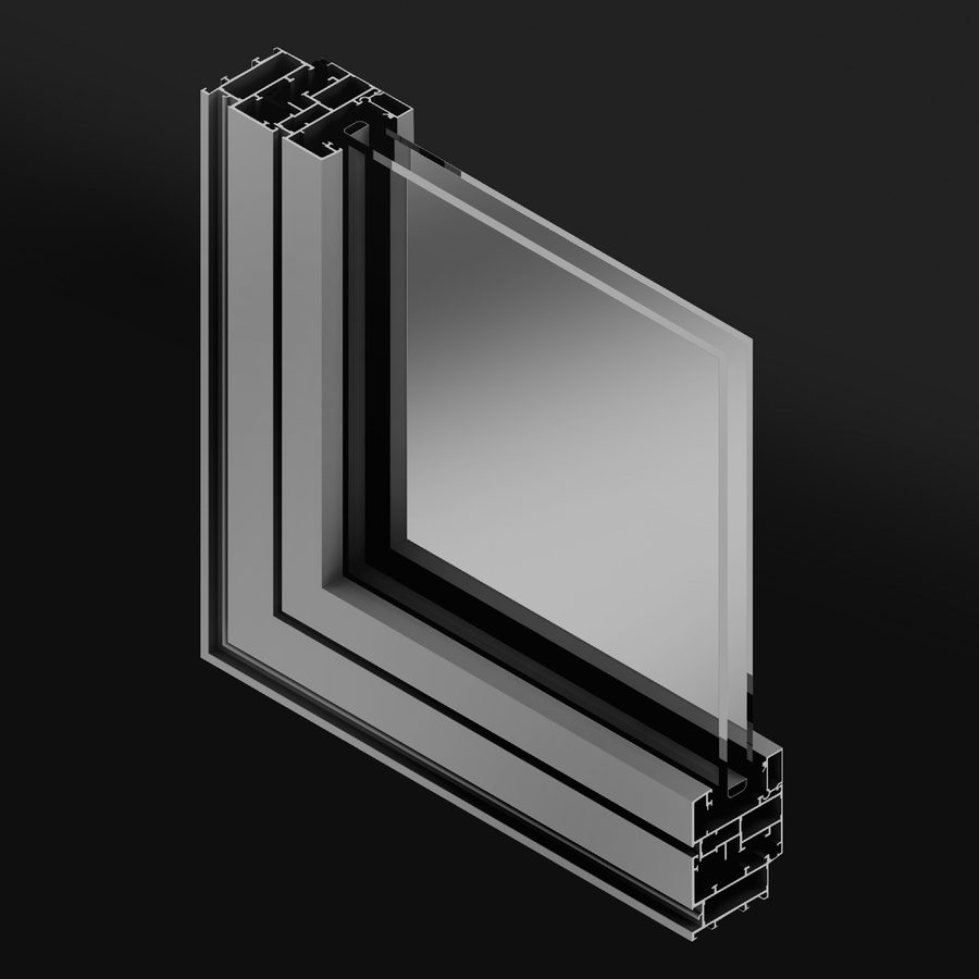 3D cut-away of a Technal SOLEAL FYn window corner: frame, opening sash and glass