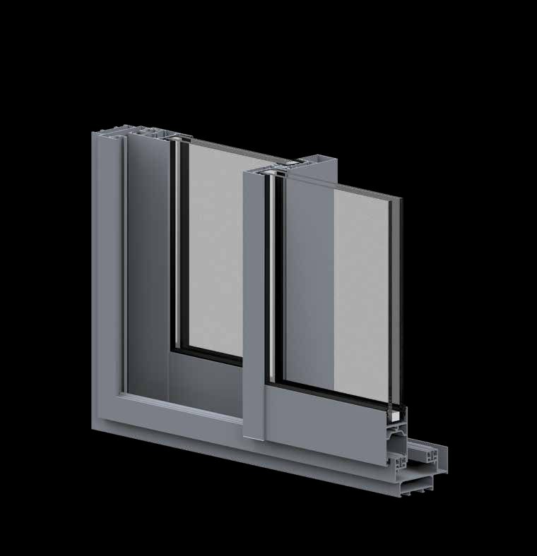 3D cut-away of a Technal SOLEAL GYn sliding window corner: the outer frame, two sashes and the slim interlock between them