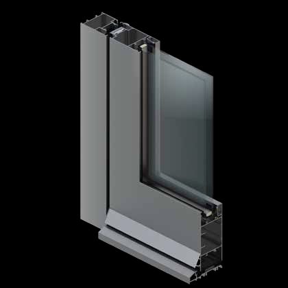 3D cut-away of a Technal SOLEAL PYn door corner: frame, door leaf and glass